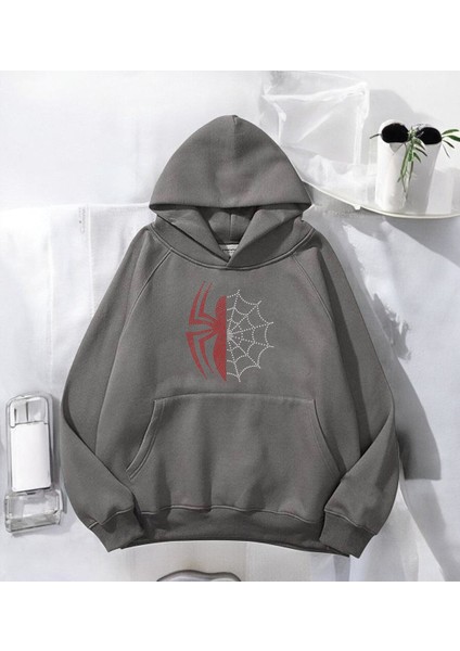 Spider Web Taş Işleme Detail Baskılı Kapşonlu Sweatshirt