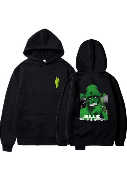 Billie Eilish Baskılı Siyah Unisex Oversize Kapüşonlu Sweatshirt