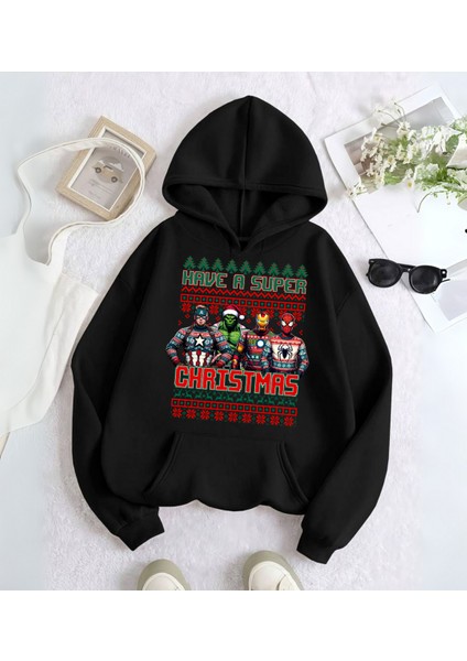 Marvel Merry Christmas Baskılı Kapşonlu Sweatshirt