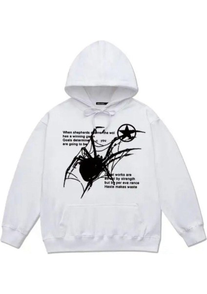 Gothic Spider Web Oversize Unisex Beyaz Kapşonlu Hoodie Sweatshirt