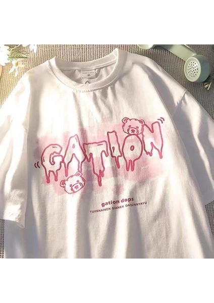 Retro Cation Baskılı Beyaz Unisex Oversize T-Shirt