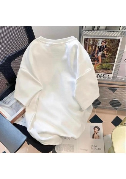 Retro Cation Baskılı Beyaz Unisex Oversize T-Shirt