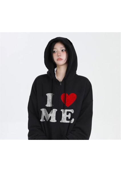 I Love Me Baskılı Oversize Fermuarlı Siyah Unisex Kapüşonlu Hırka