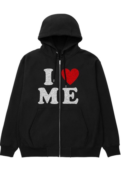 I Love Me Baskılı Oversize Fermuarlı Siyah Unisex Kapüşonlu Hırka fiyatları