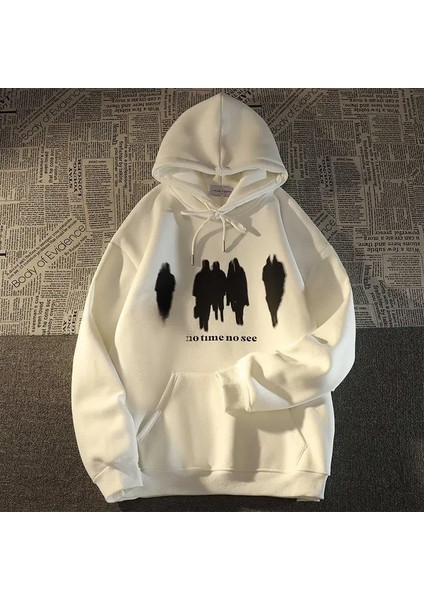 Y2K No Time No See Baskılı Oversize Unisex Beyaz Kapşonlu Hoodie Sweatshirt
