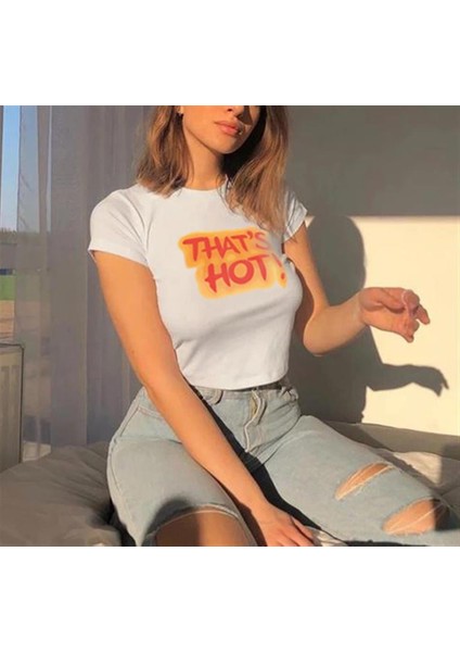 That's Hot! Orange Baskılı Beyaz Crop