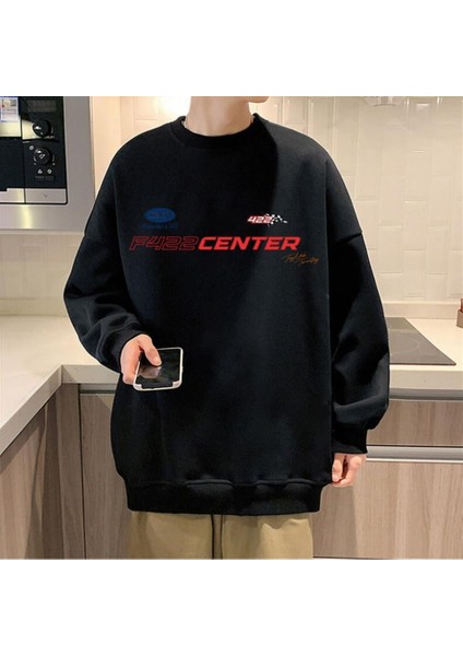 F422 Center Baskılı Siyah Unisex Oversize Bisiklet Yaka Sweatshirt