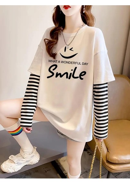 Smile Fake Sleeves Unisex Uzun Kollu Beyaz T-Shirt