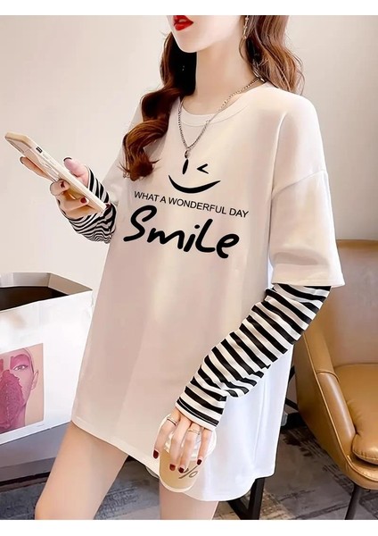 Smile Fake Sleeves Unisex Uzun Kollu Beyaz T-Shirt