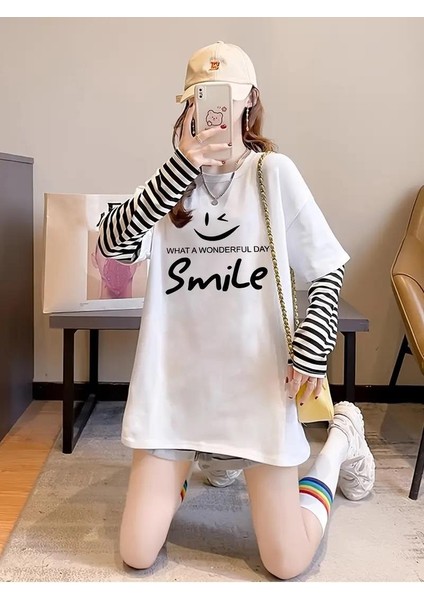 Smile Fake Sleeves Unisex Uzun Kollu Beyaz T-Shirt