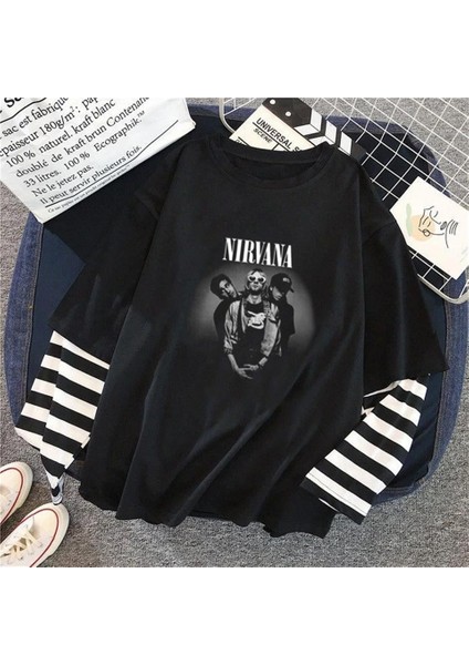 Nirvana Artists Baskılı Fake Sleeves Siyah T-Shirt modelleri