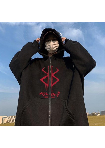 Berserk Logo Baskılı Oversize Fermuarlı Siyah Unisex Kapüşonlu Hırka
