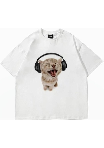 Y2K Kulaklıkla Müzik Dinleyen Kedi Baskılı Beyaz Oversize T-Shirt