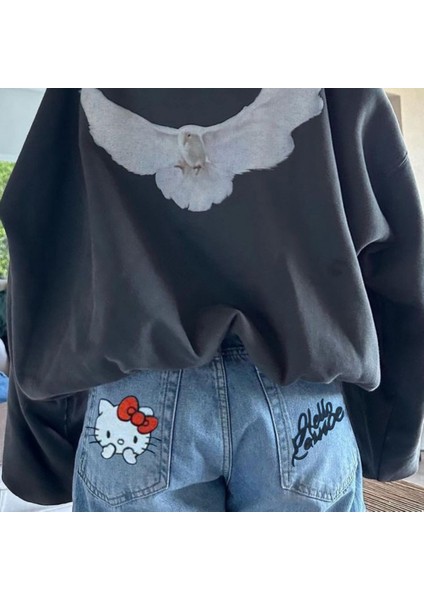 Y2K Hello Kitty Detail Kot Mavi Pantolon