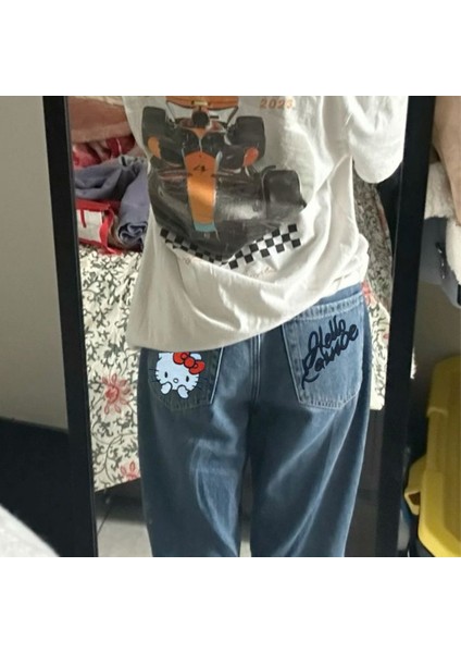 Y2K Hello Kitty Detail Kot Mavi Pantolon