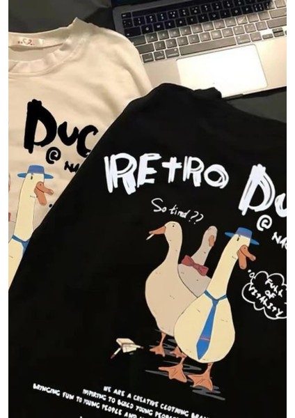 Retro Duck Baskılı Oversize T-Shirt