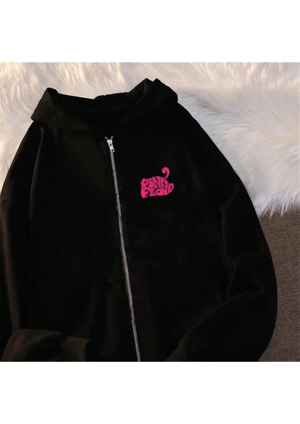 Pink Floyd Baskılı Oversize Fermuarlı Siyah Unisex Kapüşonlu Hırka