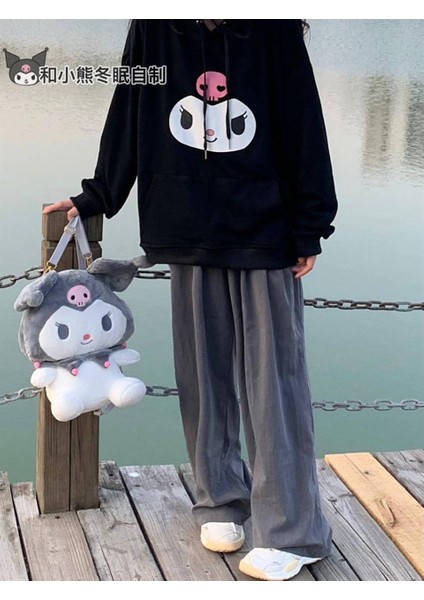 Kuromi Face Baskılı Siyah Unisex Oversize Kapüşonlu Sweatshirt