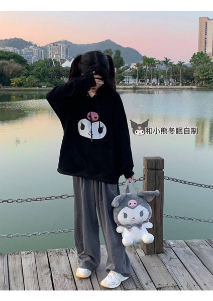 Kuromi Face Baskılı Siyah Unisex Oversize Kapüşonlu Sweatshirt