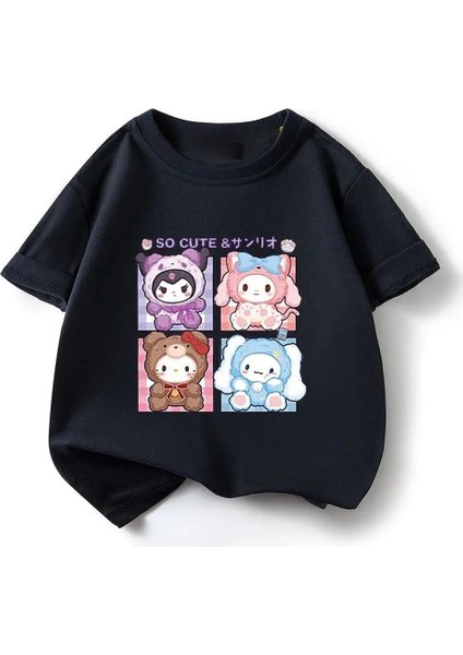 Harajuku Sanrio Karakter Baskılı Siyah T-Shirt