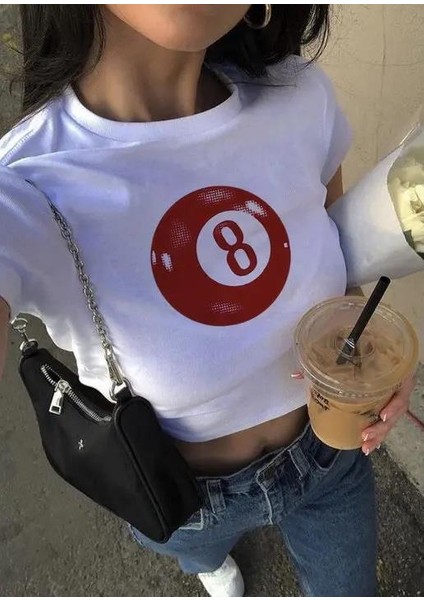 Y2K Eight Ball Beyaz Crop