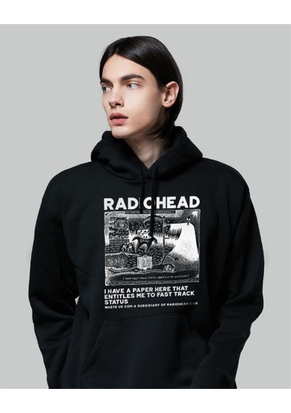 Radiohead Baskılı Siyah Unisex Oversize Kapüşonlu Sweatshirt
