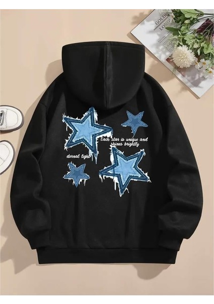 Denin Star Baskılı Siyah Kapşonlu Sweatshirt