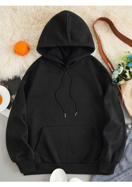 Denin Star Baskılı Siyah Kapşonlu Sweatshirt
