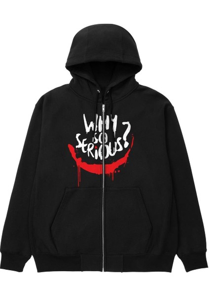 Why So Serious Baskılı Oversize Fermuarlı Siyah Unisex Kapüşonlu Hırka