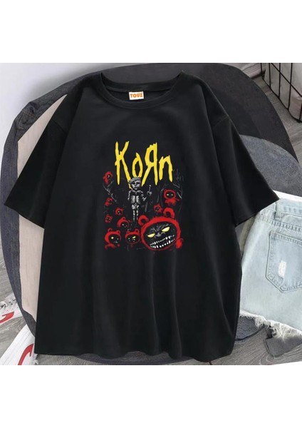 Rock Serisi Korn Poster Siyah Unisex Oversize T-Shirt