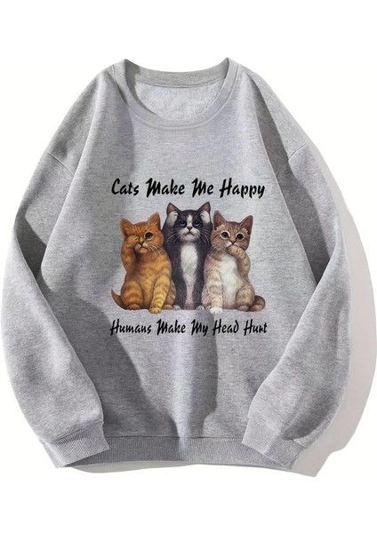 Cute Cat Baskılı Gri Unisex Oversize Bisiklet Yaka Sweatshirt