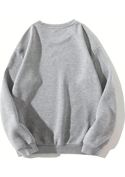 Cute Cat Baskılı Gri Unisex Oversize Bisiklet Yaka Sweatshirt