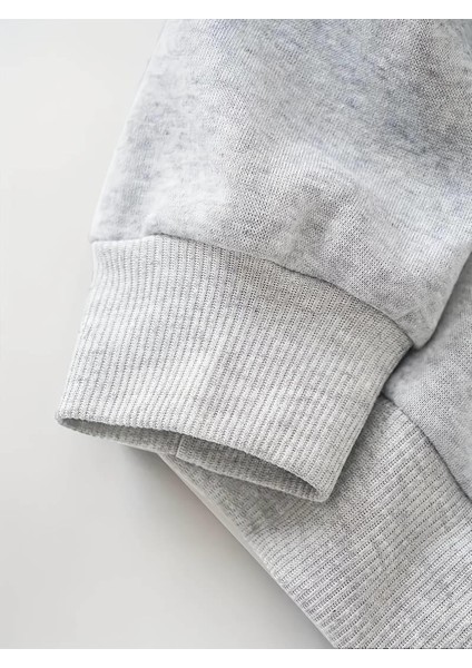 Cute Cat Baskılı Gri Unisex Oversize Bisiklet Yaka Sweatshirt