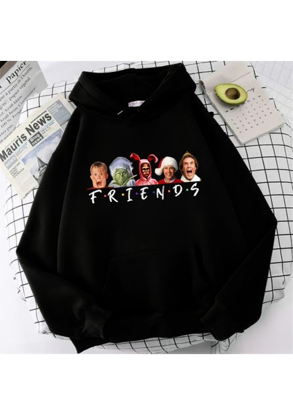 Friends Christmas Baskılı Siyah Unisex Oversize Kapüşonlu Sweatshirt