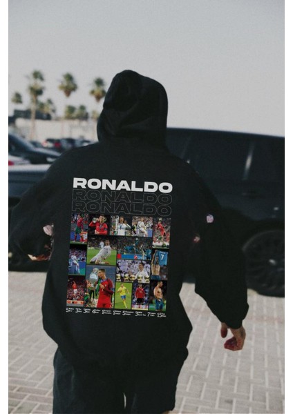 Ronaldo Baskılı Siyah Kapşonlu Sweatshirt
