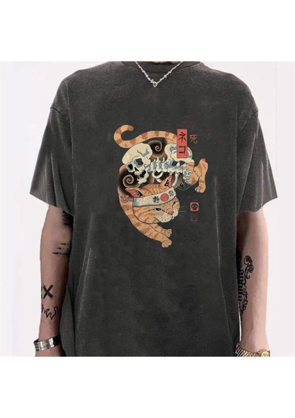 Yıkamalı Skeleton Cat Unisex Eskitme T-Shirt
