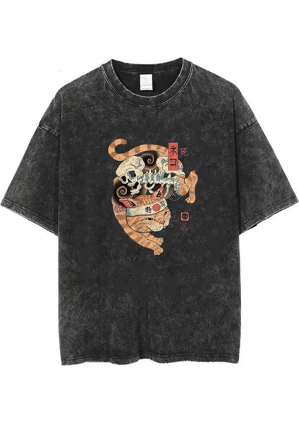 Yıkamalı Skeleton Cat Unisex Eskitme T-Shirt