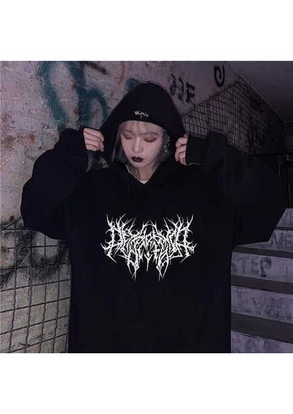 Gothic Graphic Baskılı Siyah Unisex Oversize Kapüşonlu Sweatshirt