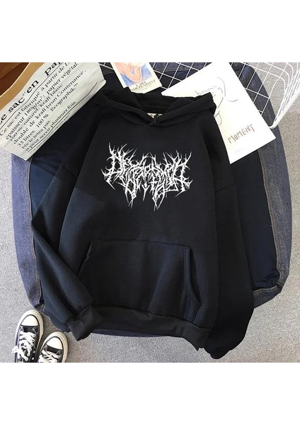 Gothic Graphic Baskılı Siyah Unisex Oversize Kapüşonlu Sweatshirt
