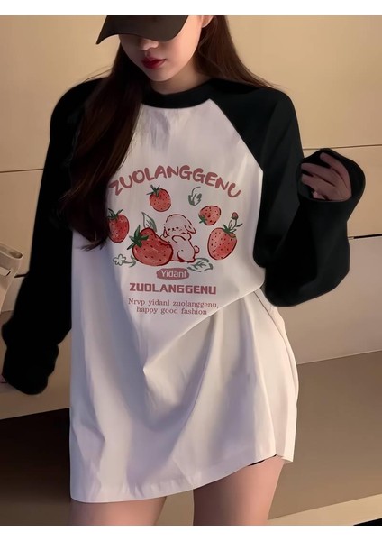 Vintage Reglan Uzun Kollu Strawberry Baskılı Beyaz T-Shirt