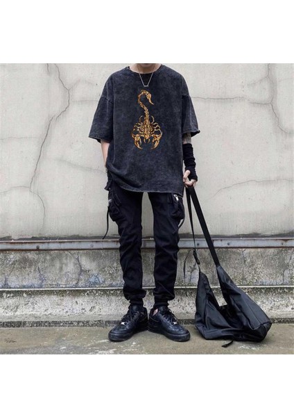 Yıkamalı Gothic Scorpion Eskitme T-Shirt