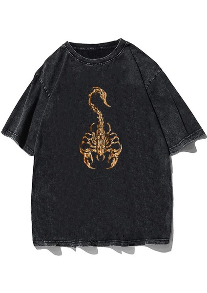 Yıkamalı Gothic Scorpion Eskitme T-Shirt
