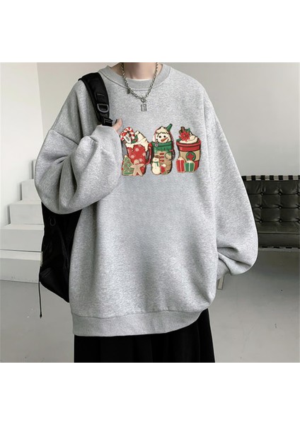 Happy Christmas Baskılı Siyah Unisex Oversize Bisiklet Yaka Sweatshirt