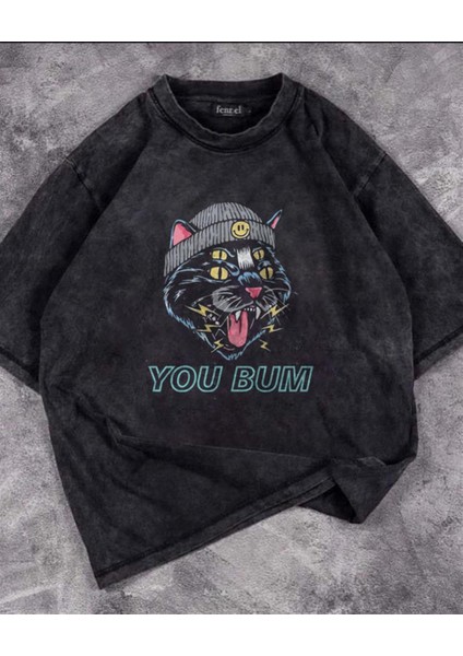Yıkamalı You Bum Cat Baskılı Oversize Vintage Eskitme T-Shirt