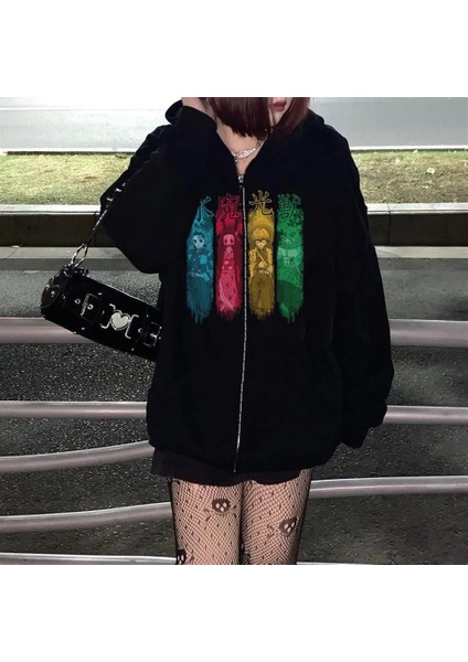 Demon Slayer Poster Baskılı Oversize Fermuarlı Siyah Unisex Kapüşonlu Hırka