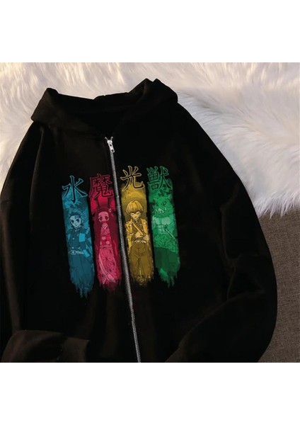 Demon Slayer Poster Baskılı Oversize Fermuarlı Siyah Unisex Kapüşonlu Hırka fiyatları