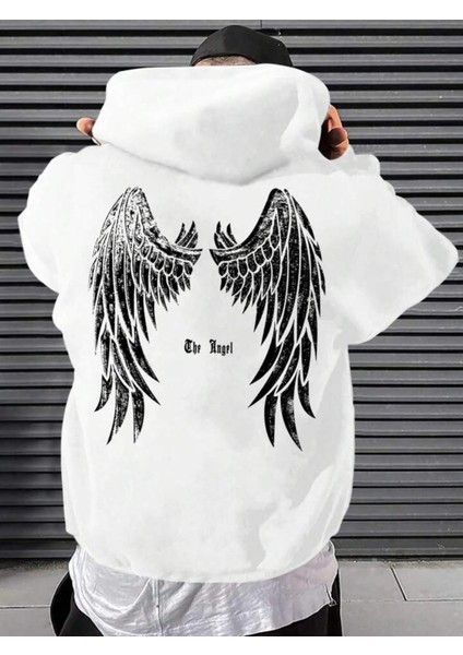 Unisex Angel Sırt Baskılı Kapşonlu Beyaz Sweatshirt