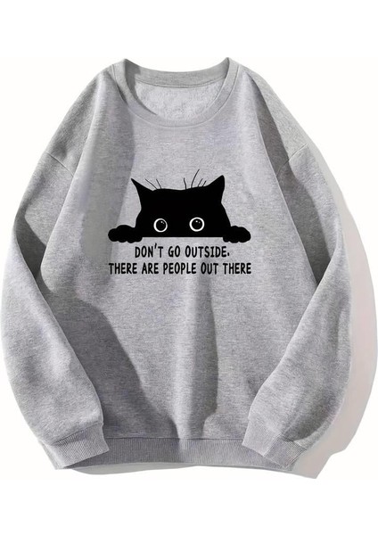 Black Cat Baskılı Gri Unisex Oversize Bisiklet Yaka Sweatshirt