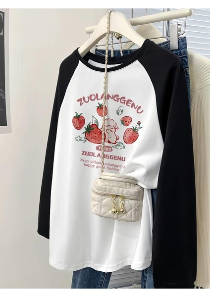 Vintage Reglan Uzun Kollu Strawberry Baskılı Beyaz T-Shirt