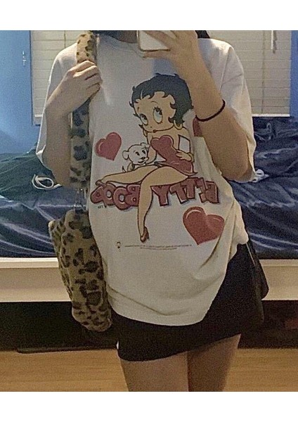 Red Cute Betty Boop Baskılı Beyaz T-Shirt